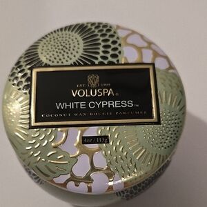 Voluspa White Cypress 4oz Candle with Gold and Green Accents